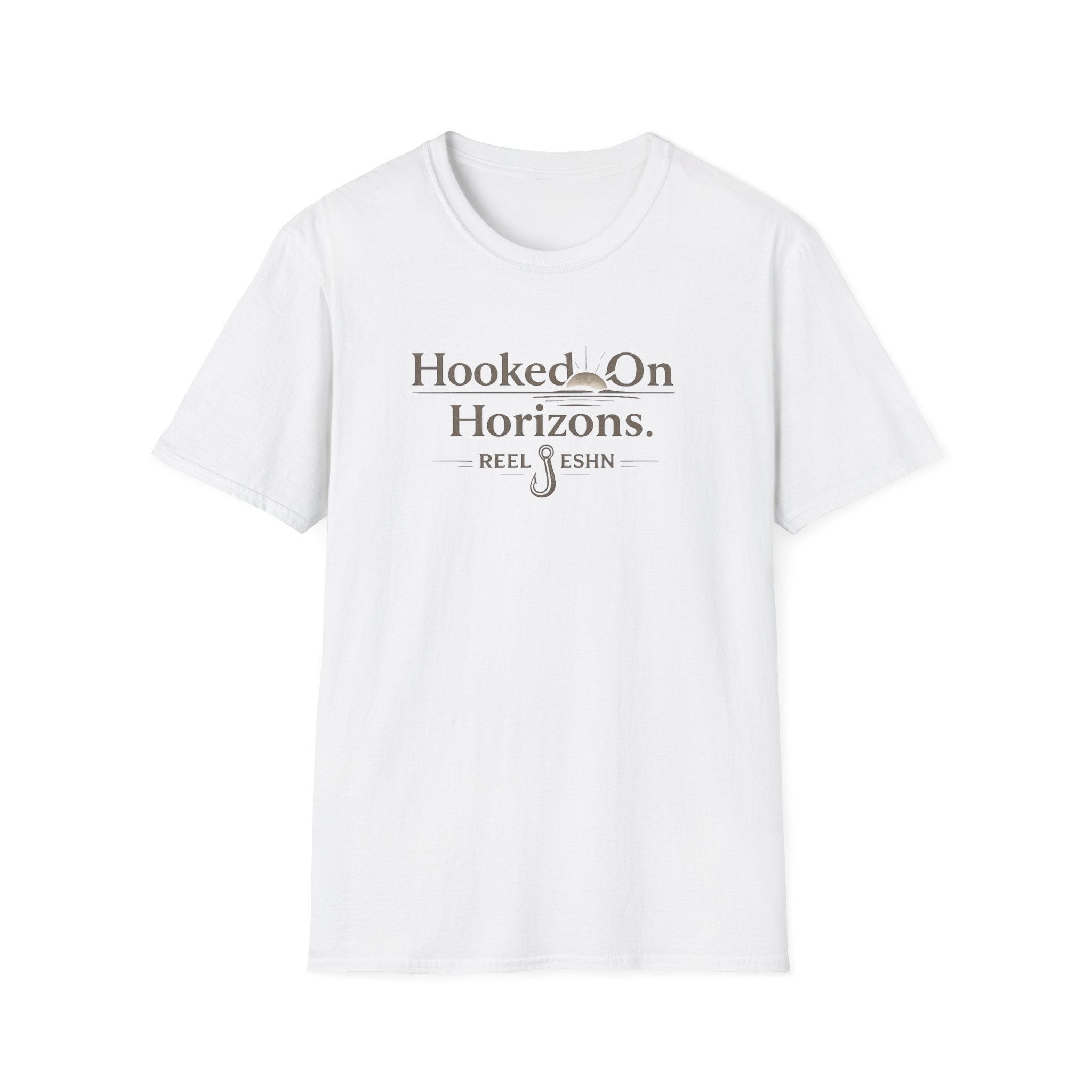 White unisex Comfort Colors t-shirt with "Hooked On Horizons. REEL FISHN" graphic in brown.