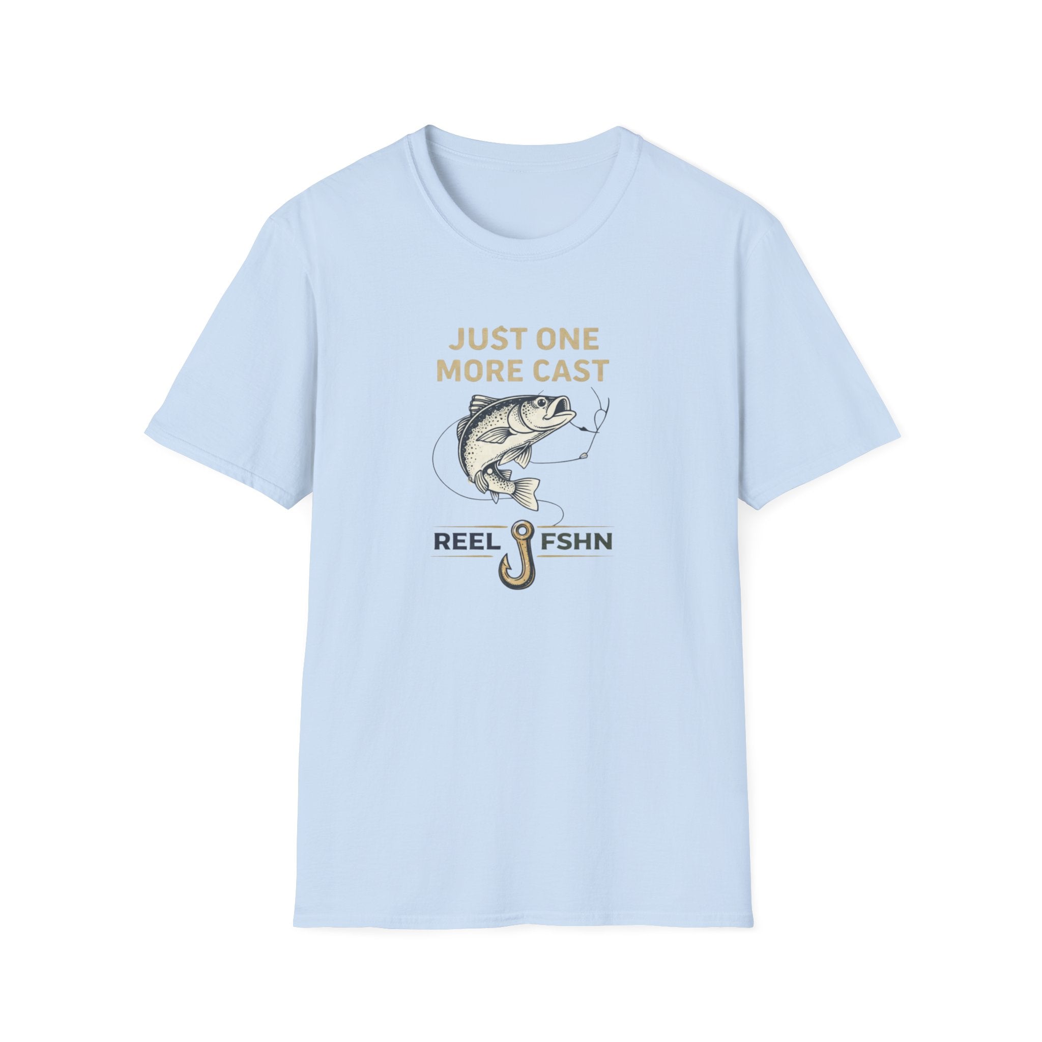 Light blue Comfort Colors cotton t-shirt with "Just One More Cast" text, a fish, and a fishing hook graphic.