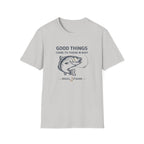 Light grey Comfort Colors cotton t-shirt with "Good Things Come To Those W Bait" text and a fish graphic.
