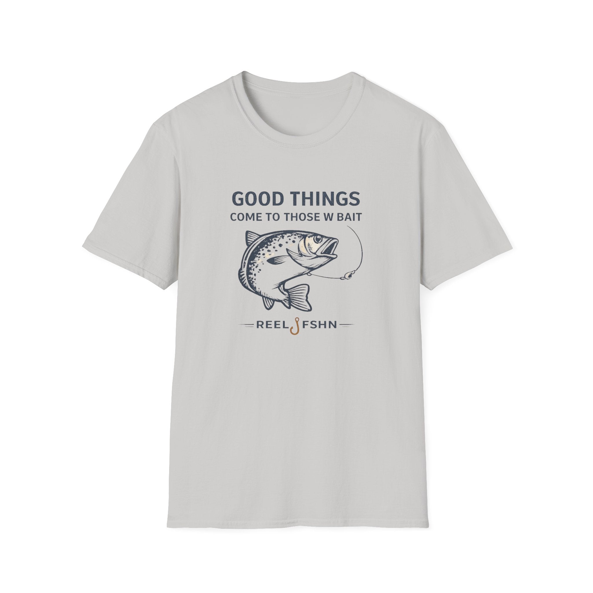Light grey Comfort Colors cotton t-shirt with "Good Things Come To Those W Bait" text and a fish graphic.