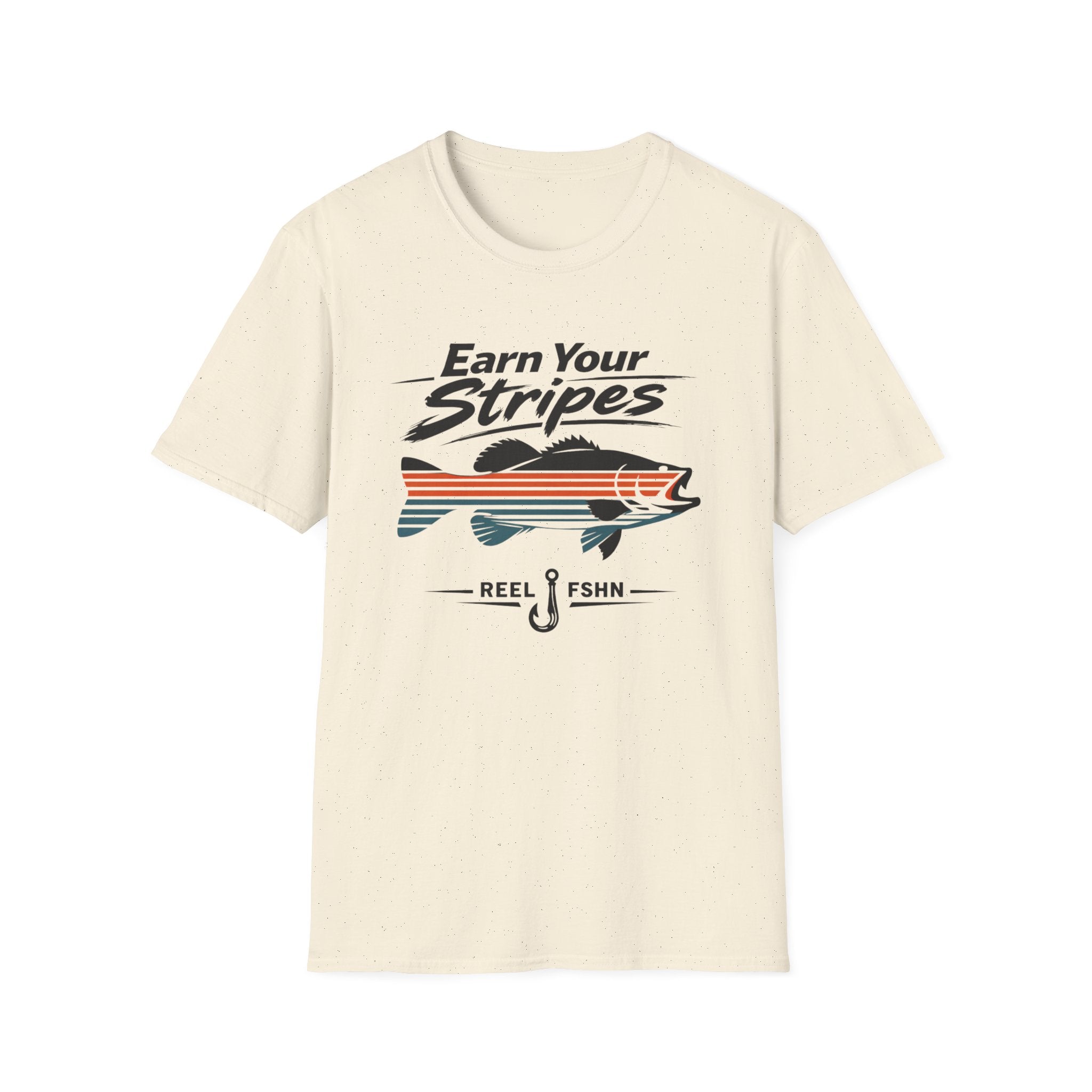 Comfort Colors "Earn Your Stripes" t-shirt in natural, featuring a bass graphic with orange and blue stripes, and a fishing hook.