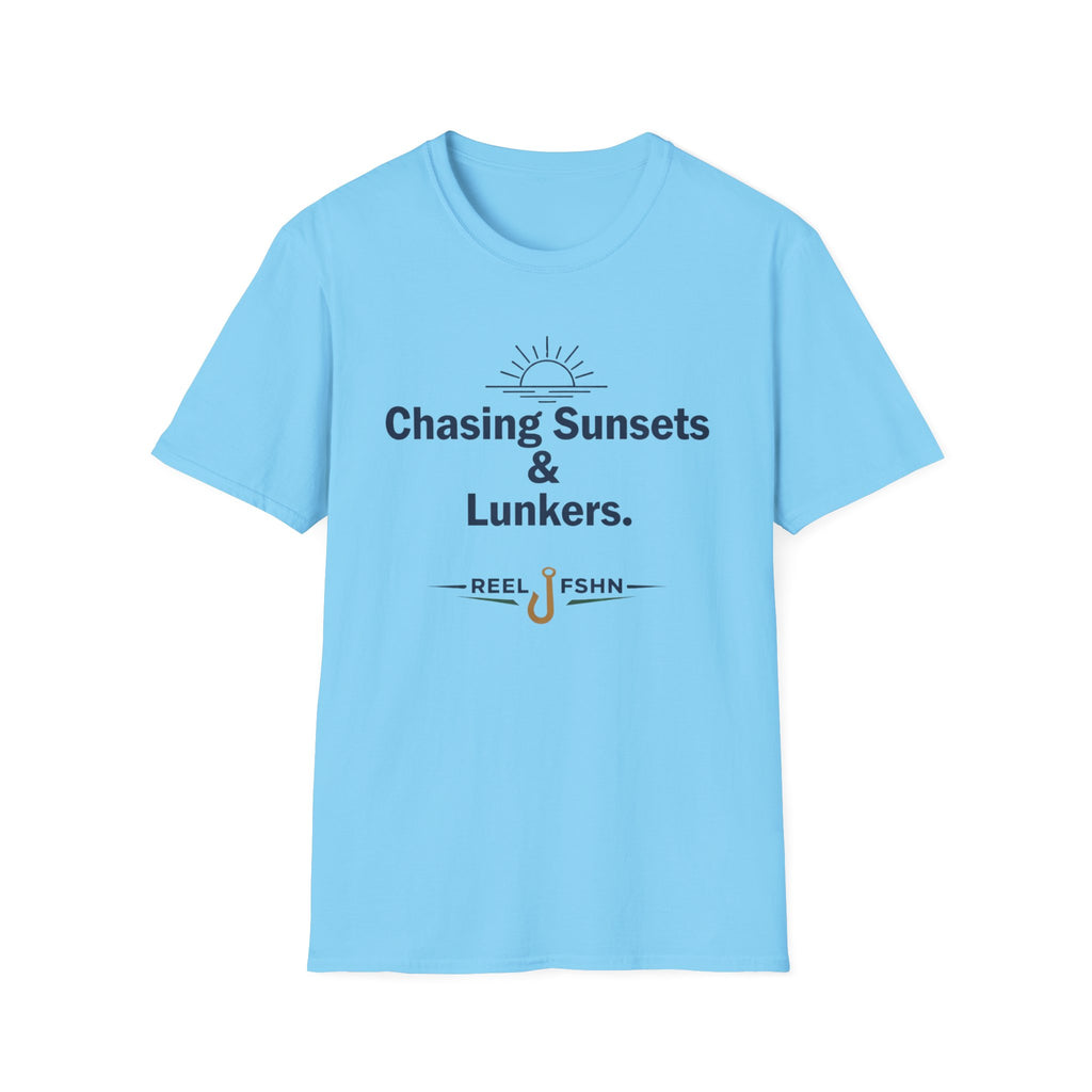 Light blue Comfort Colors unisex tee with "Chasing Sunsets & Lunkers" text and a fishing hook graphic.