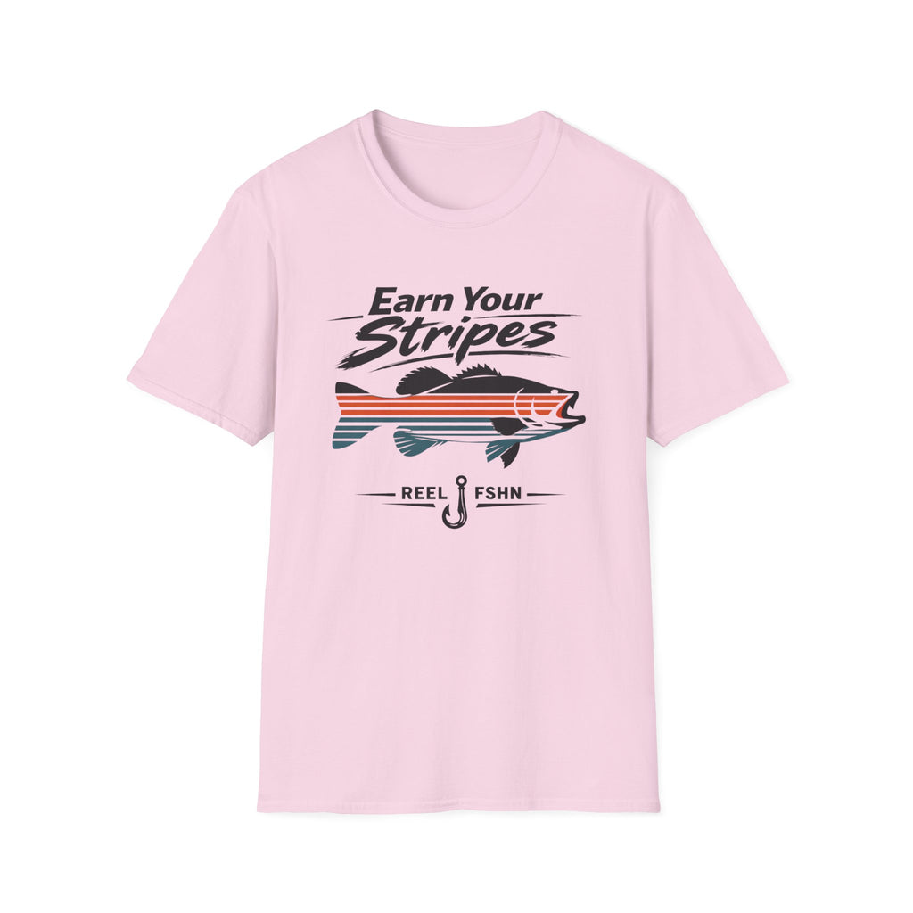 Light pink Comfort Colors unisex t-shirt with "Earn Your Stripes" text and a striped bass graphic.