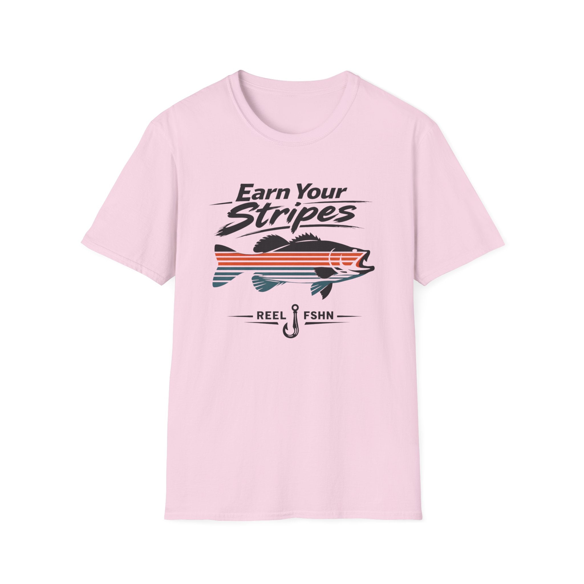 Light pink Comfort Colors unisex t-shirt with "Earn Your Stripes" text and a striped bass graphic.