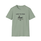 Comfort Colors sage green "Live To Fish" t-shirt with a dark gray graphic of a fisherman in a boat.