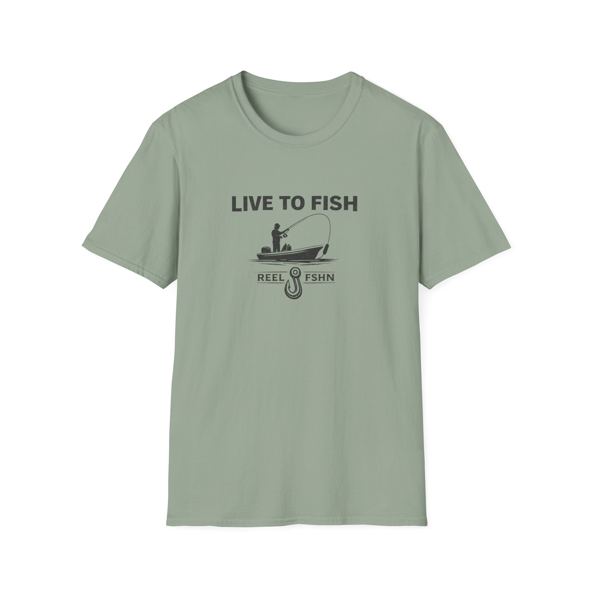 Comfort Colors sage green "Live To Fish" t-shirt with a dark gray graphic of a fisherman in a boat.