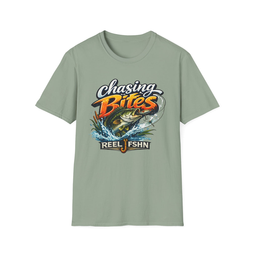 Comfort Colors sage green unisex t-shirt with "Chasing Bites" graphic featuring a bass jumping from water.