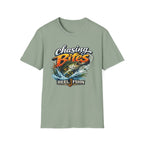 Comfort Colors sage green unisex t-shirt with "Chasing Bites" graphic featuring a bass jumping from water.