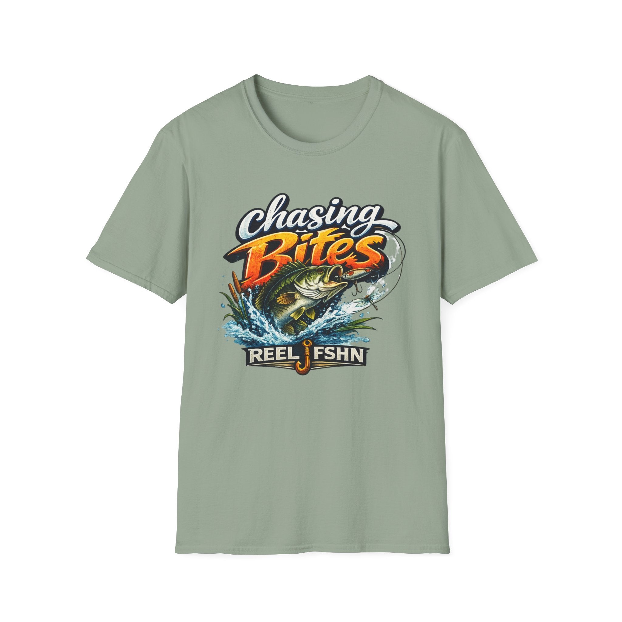 Comfort Colors sage green unisex t-shirt with "Chasing Bites" graphic featuring a bass jumping from water.