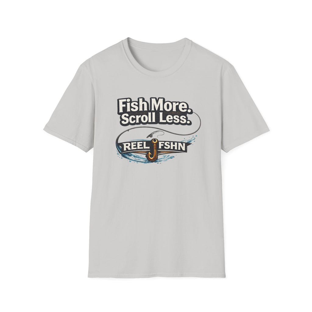 Light gray Comfort Colors t-shirt with "Fish More. Scroll Less." text and a fishing lure design.