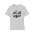 Light gray Comfort Colors t-shirt with "Fish More. Scroll Less." text and a fishing lure design.