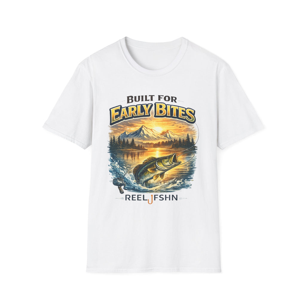 White Comfort Colors unisex tee with "Built for Early Bites" graphic featuring a bass jumping from water at sunrise.