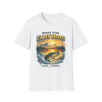 White Comfort Colors unisex tee with "Built for Early Bites" graphic featuring a bass jumping from water at sunrise.