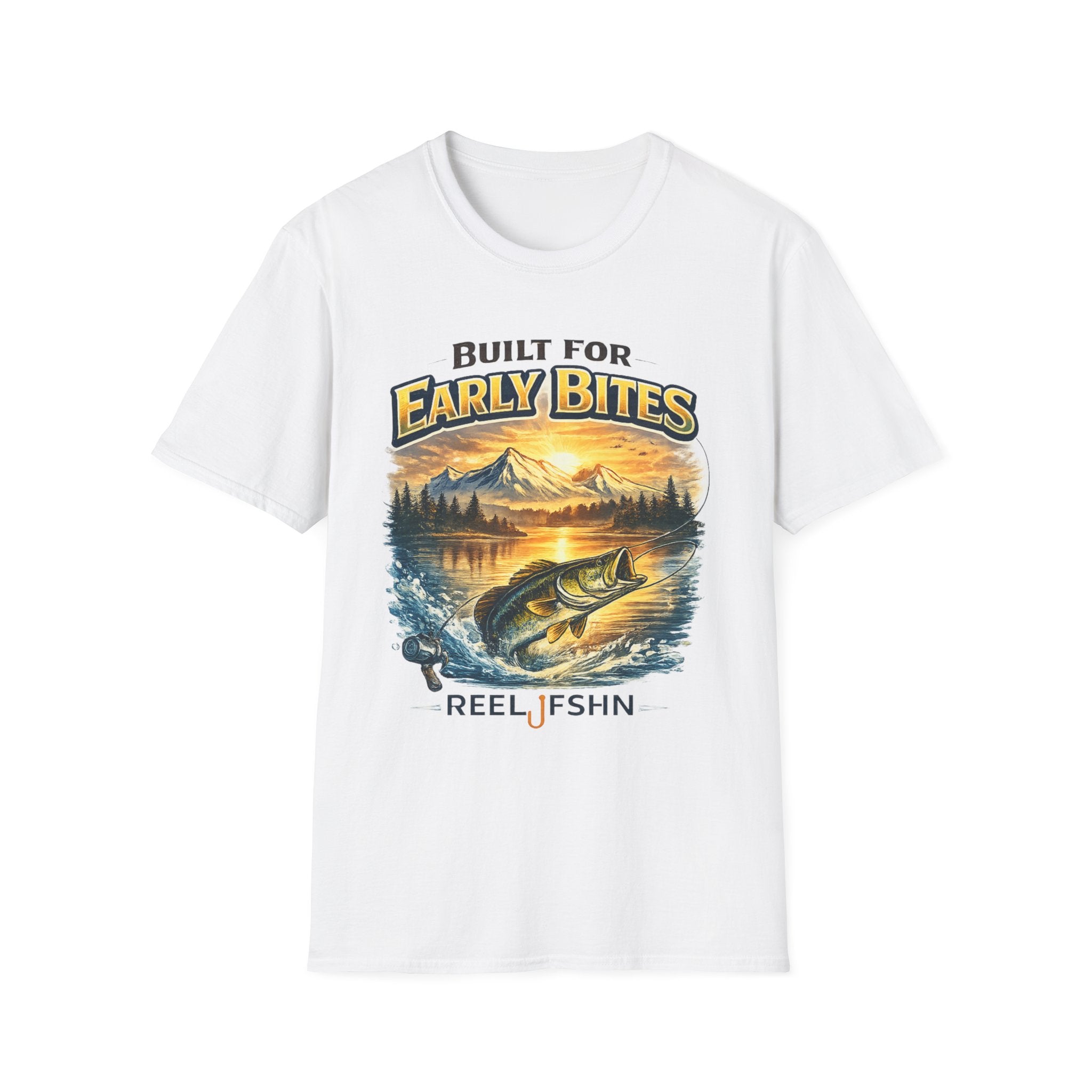 White Comfort Colors unisex tee with "Built for Early Bites" graphic featuring a bass jumping from water at sunrise.