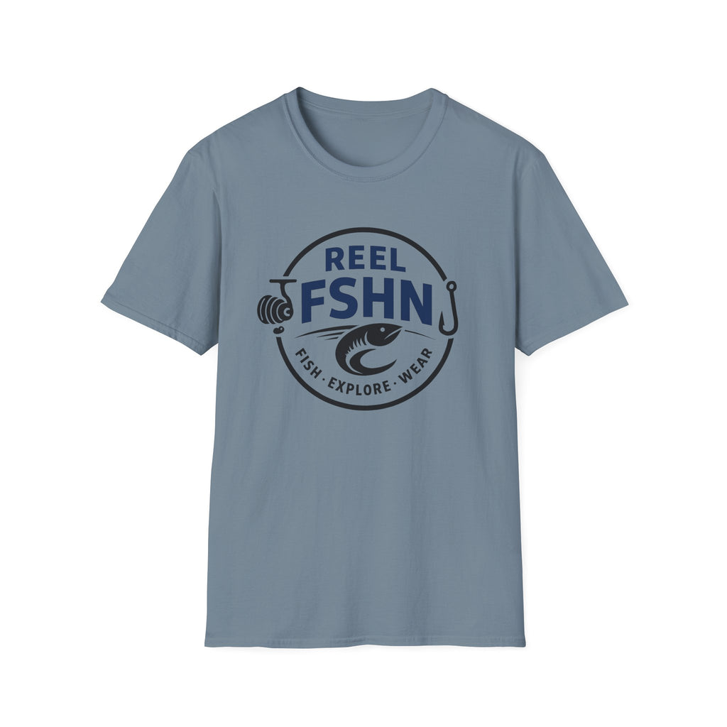 Comfort Colors blue unisex t-shirt with a "REEL FSHN" fishing reel, hook, and fish logo.