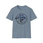Comfort Colors blue unisex t-shirt with a "REEL FSHN" fishing reel, hook, and fish logo.