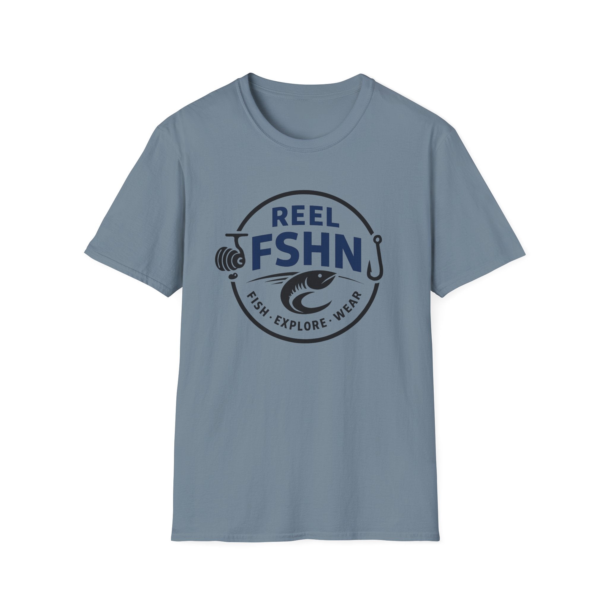 Comfort Colors blue unisex t-shirt with a "REEL FSHN" fishing reel, hook, and fish logo.