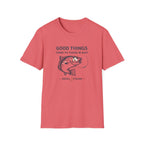 Coral Comfort Colors t-shirt with "Good Things Come To Those W Bait" text and a fishing lure graphic.