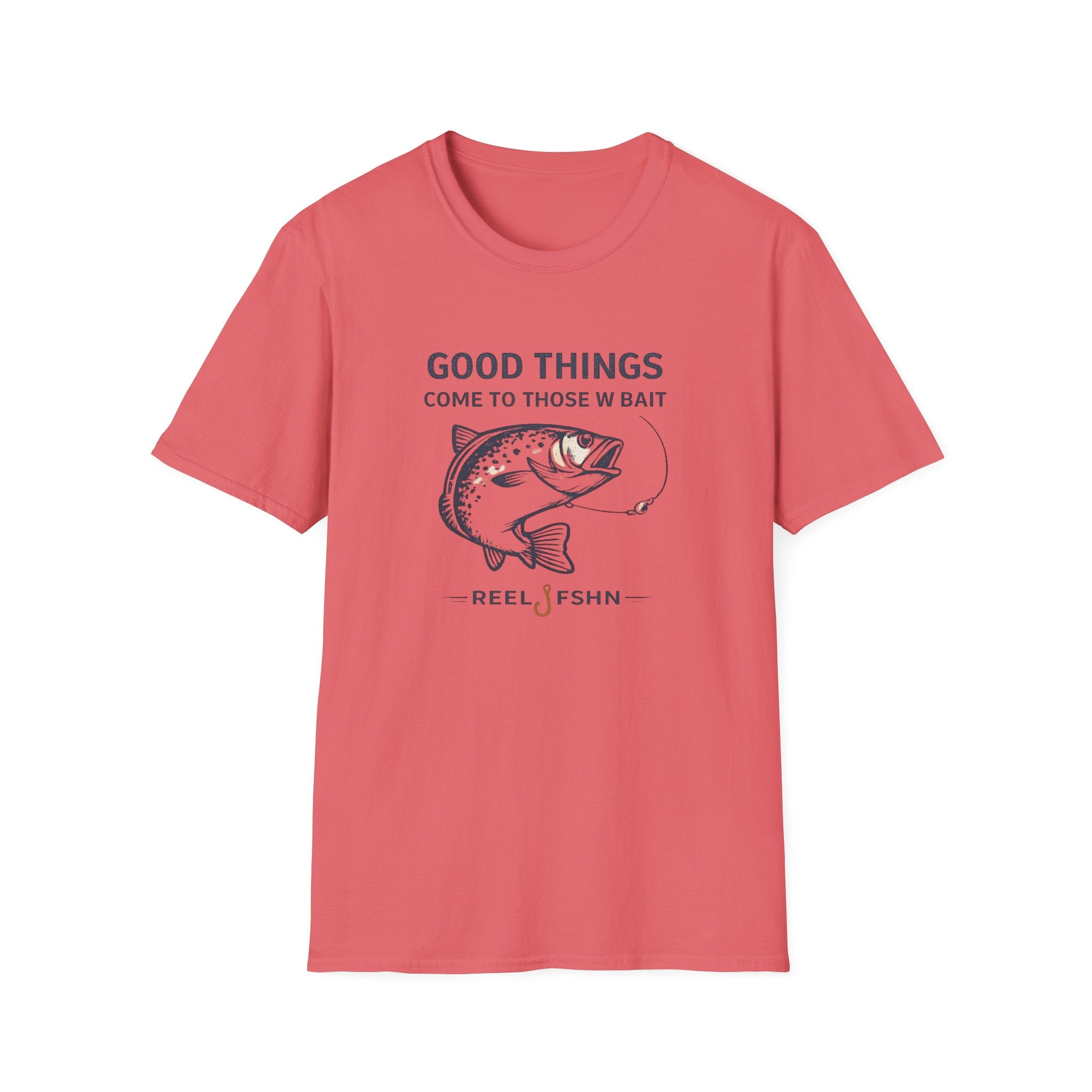 Coral Comfort Colors t-shirt with "Good Things Come To Those W Bait" text and a fishing lure graphic.