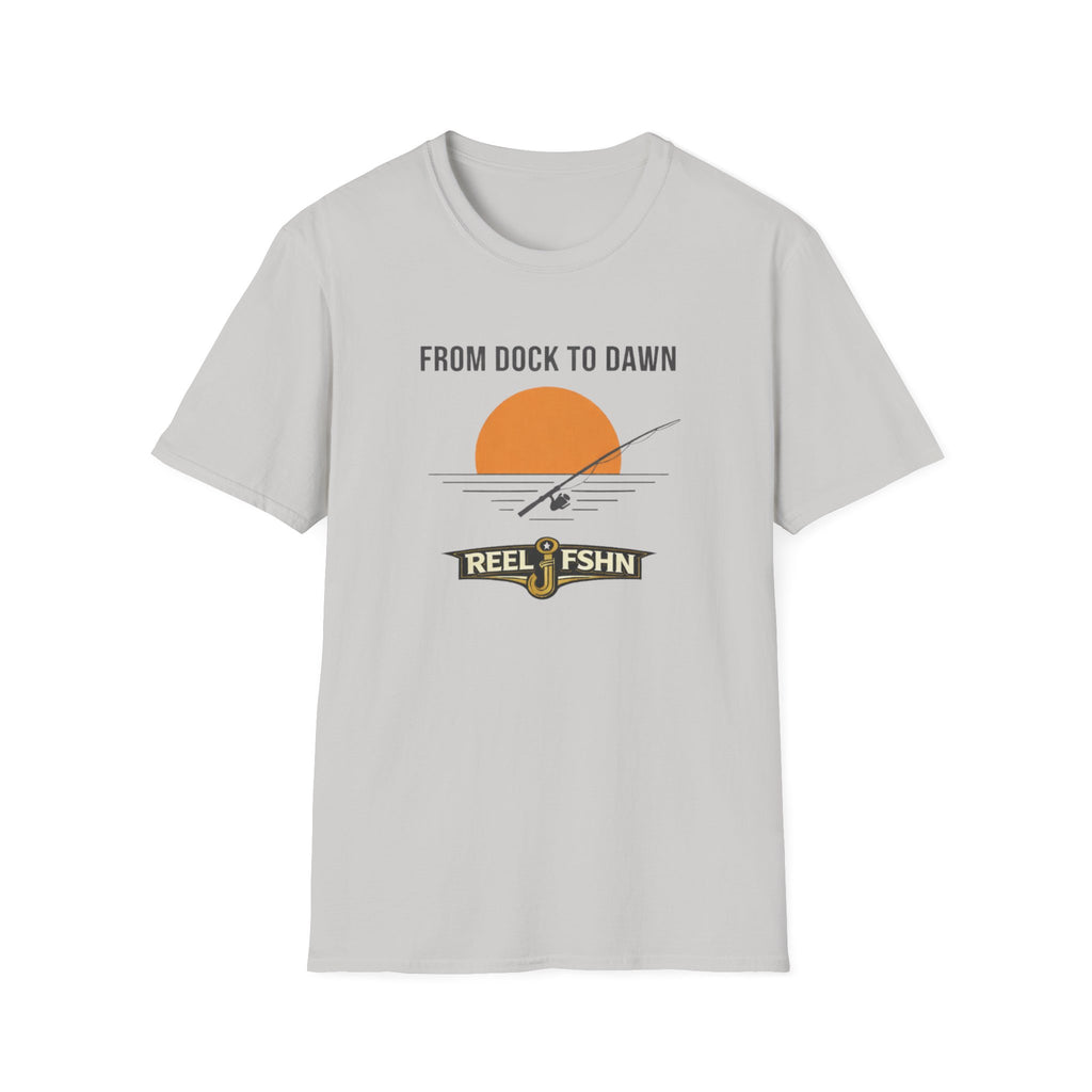 Light gray "From Dock To Dawn" Comfort Colors t-shirt with orange sun, fishing rod, and "REEL FSHN" logo.