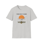 Light gray "From Dock To Dawn" Comfort Colors t-shirt with orange sun, fishing rod, and "REEL FSHN" logo.