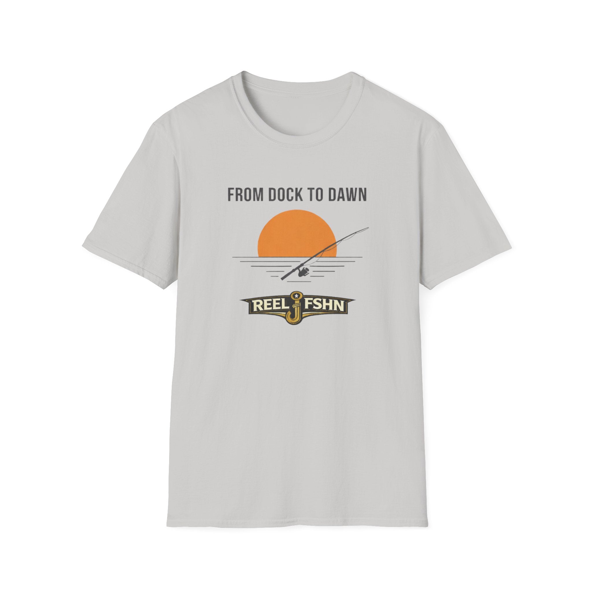 Light gray "From Dock To Dawn" Comfort Colors t-shirt with orange sun, fishing rod, and "REEL FSHN" logo.