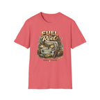 Coral Comfort Colors t-shirt with "Fuel the Reel" graphic featuring fish in a cooler, fishing rods, and tackle.