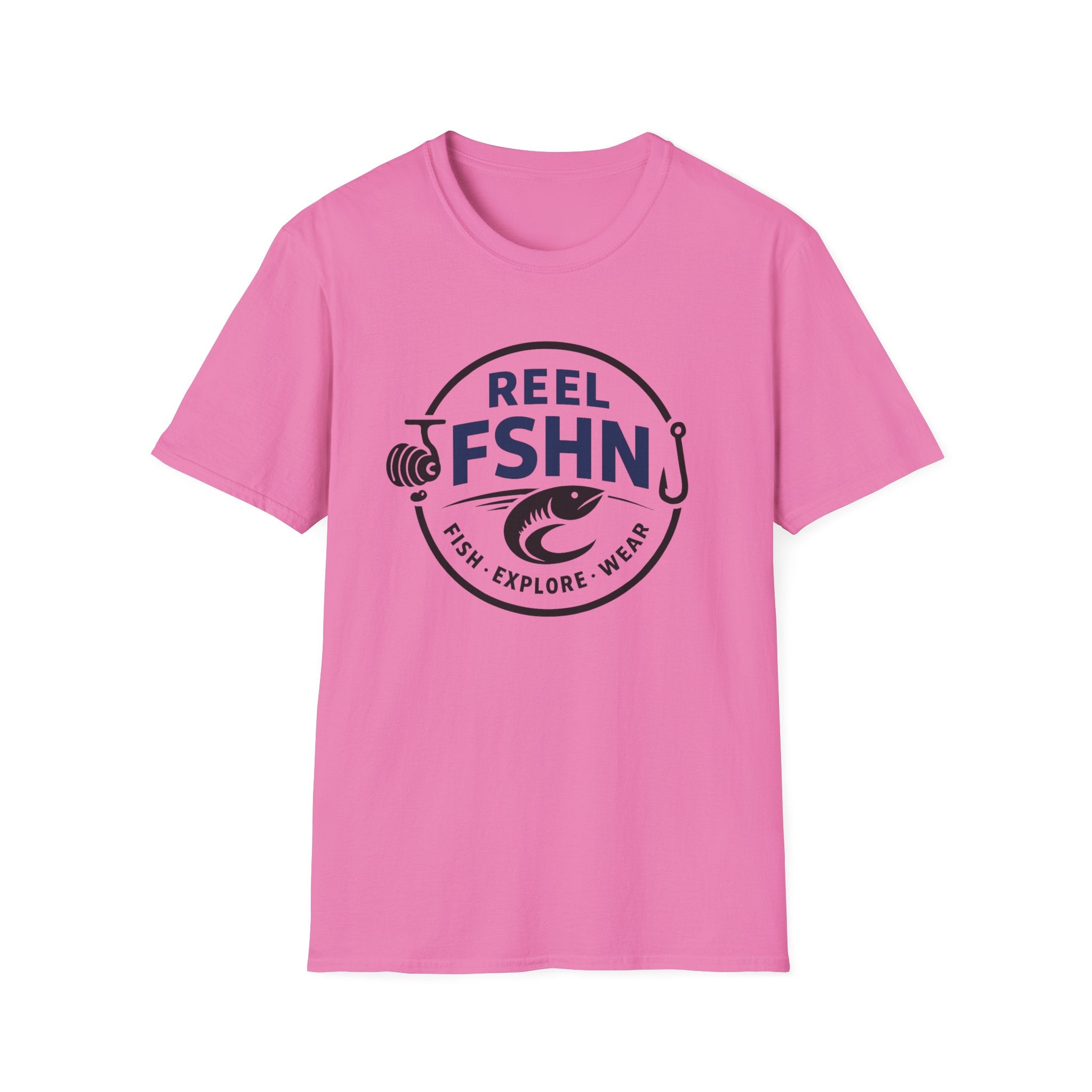 Pink Comfort Colors t-shirt with a black "Reel FSHN" fishing logo featuring a fish, reel, and hook.