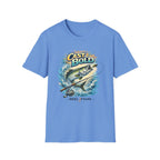 Comfort Colors "Cast Bold" blue t-shirt with a jumping tarpon, fishing rod, and "Reel Fshn" graphic.