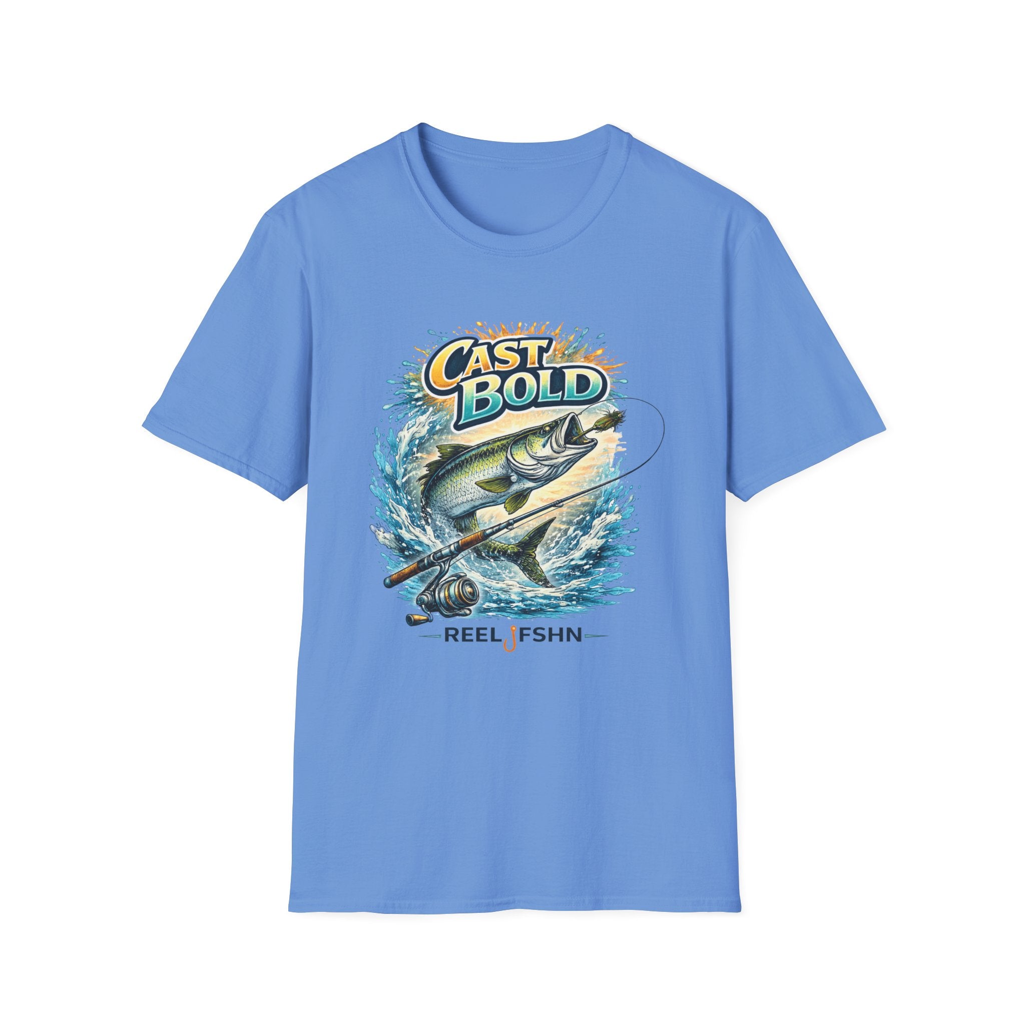 Comfort Colors "Cast Bold" blue t-shirt with a jumping tarpon, fishing rod, and "Reel Fshn" graphic.