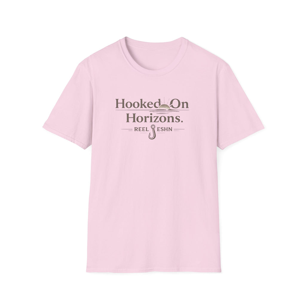Pink Comfort Colors unisex t-shirt with "Hooked On Horizons. REEL ESHN" text and fishing hook graphic.