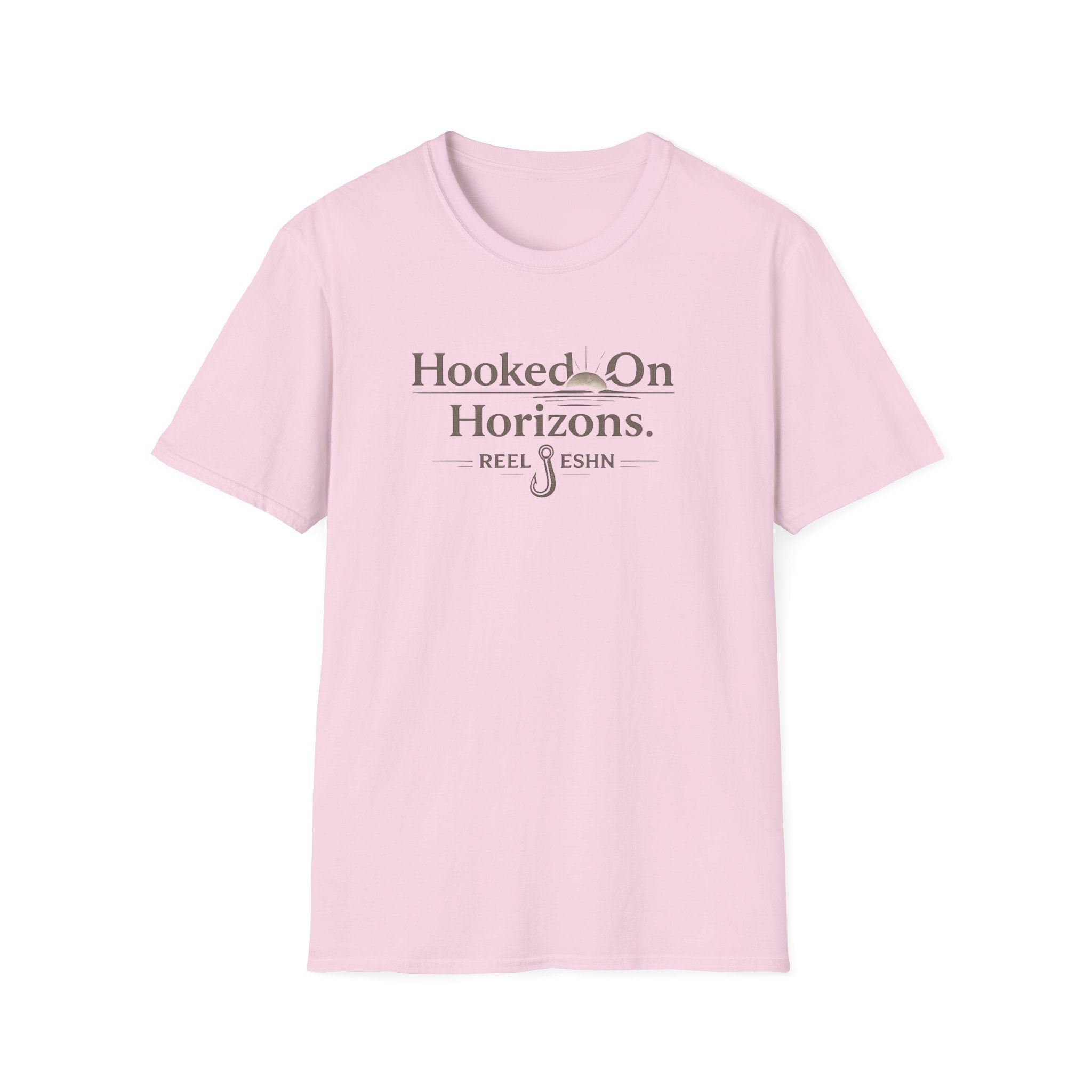 Pink Comfort Colors unisex t-shirt with "Hooked On Horizons. REEL ESHN" text and fishing hook graphic.