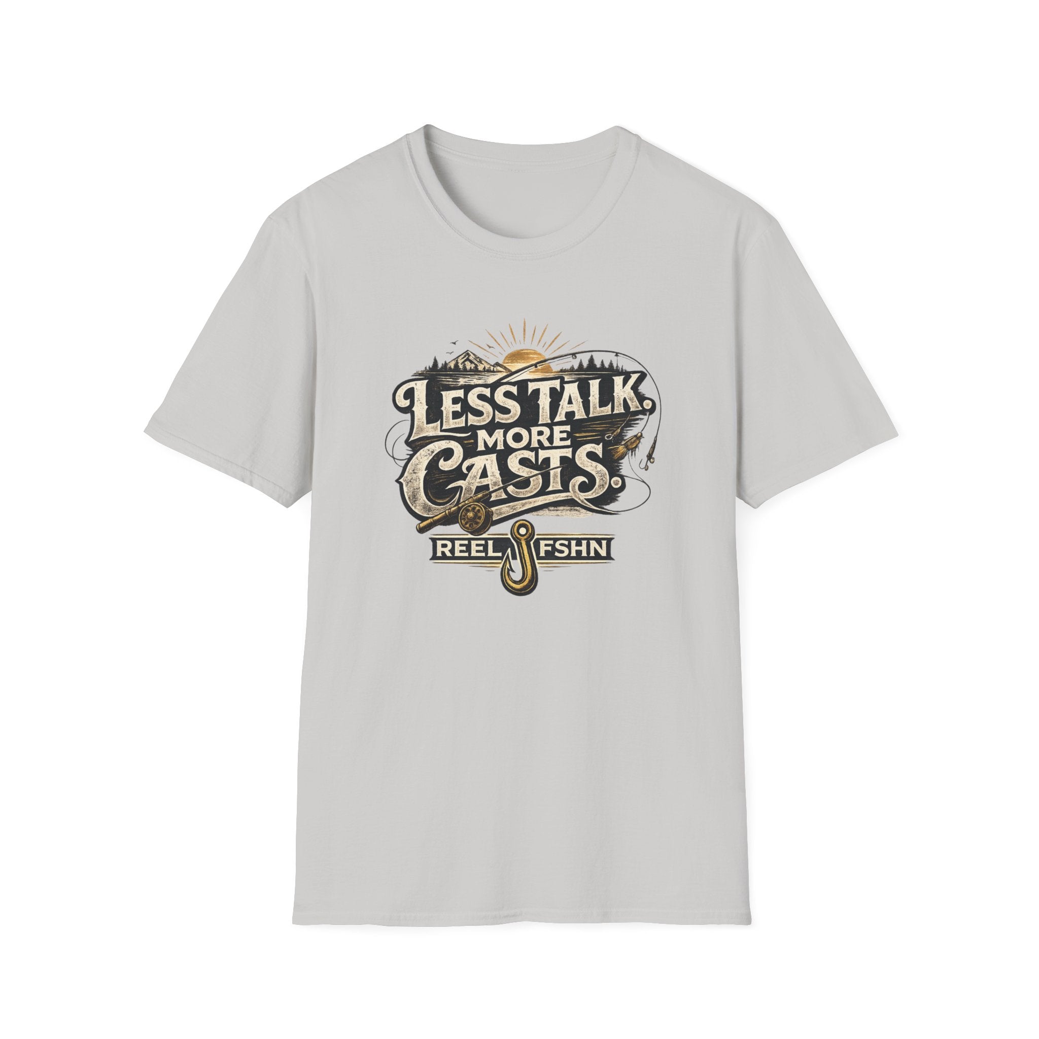 Light gray Comfort Colors t-shirt with "Less Talk More Casts" fishing graphic and "Reel FSHN" hook logo.