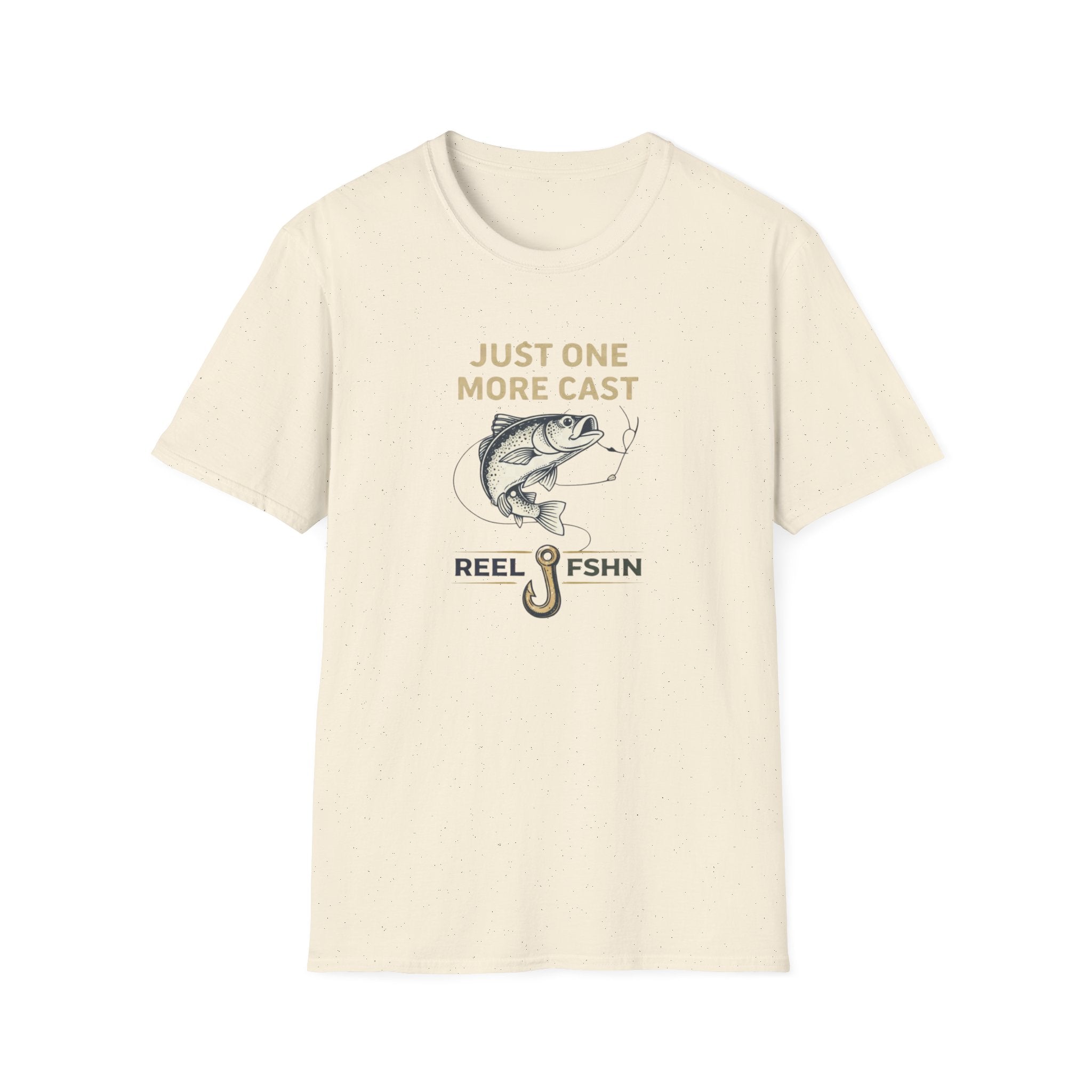 Comfort Colors cream t-shirt with "Just One More Cast" text, a bass on a fishing line, and "REEL FSHN" with a hook.