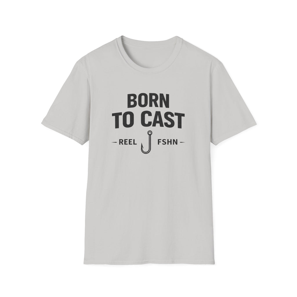 Light gray Comfort Colors unisex fishing t-shirt with "BORN TO CAST - REEL FSHN -" and a fishing hook graphic.