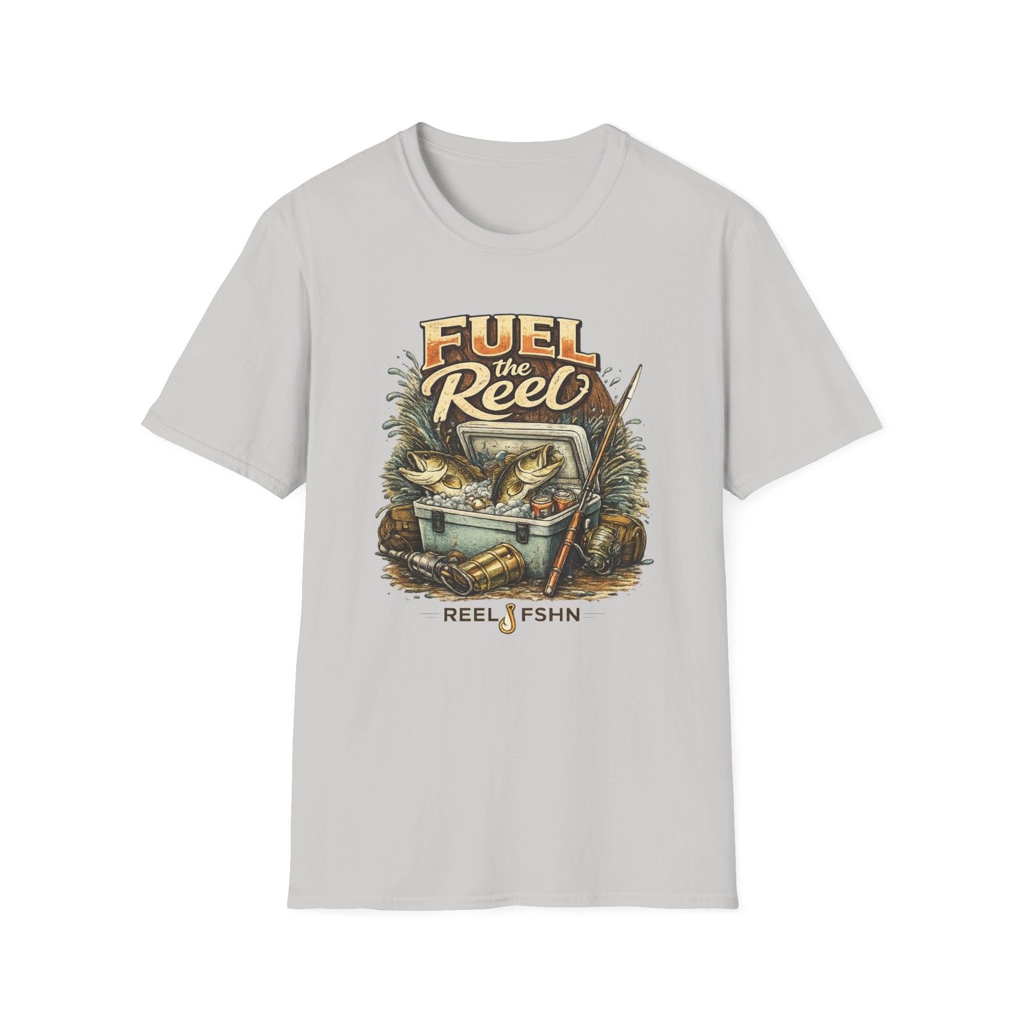 Light gray Comfort Colors cotton t-shirt with "Fuel the Reel" graphic featuring a tackle box, fish, and fishing rod.