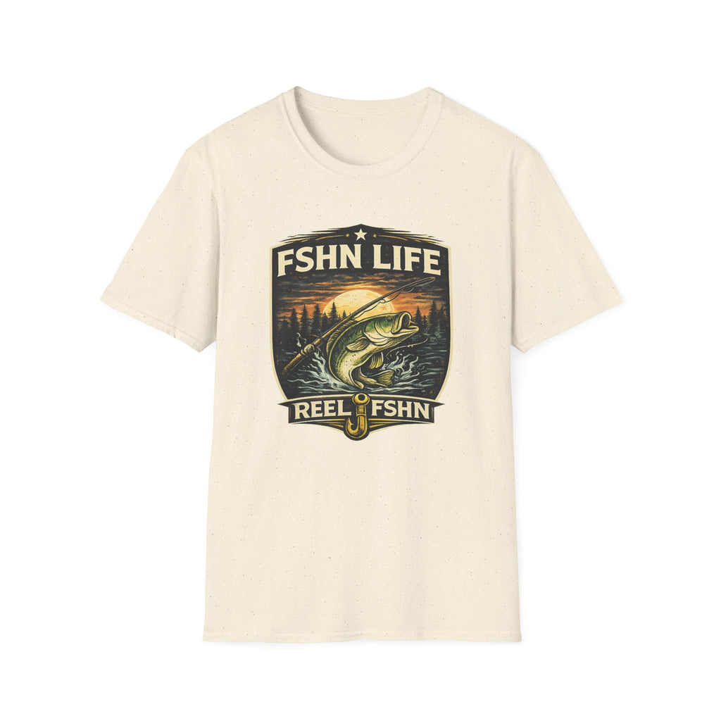 FSHN Life T-shirt in natural, featuring a vintage-style fishing graphic with a bass, sunset, and forest.