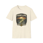 FSHN Life T-shirt in natural, featuring a vintage-style fishing graphic with a bass, sunset, and forest.