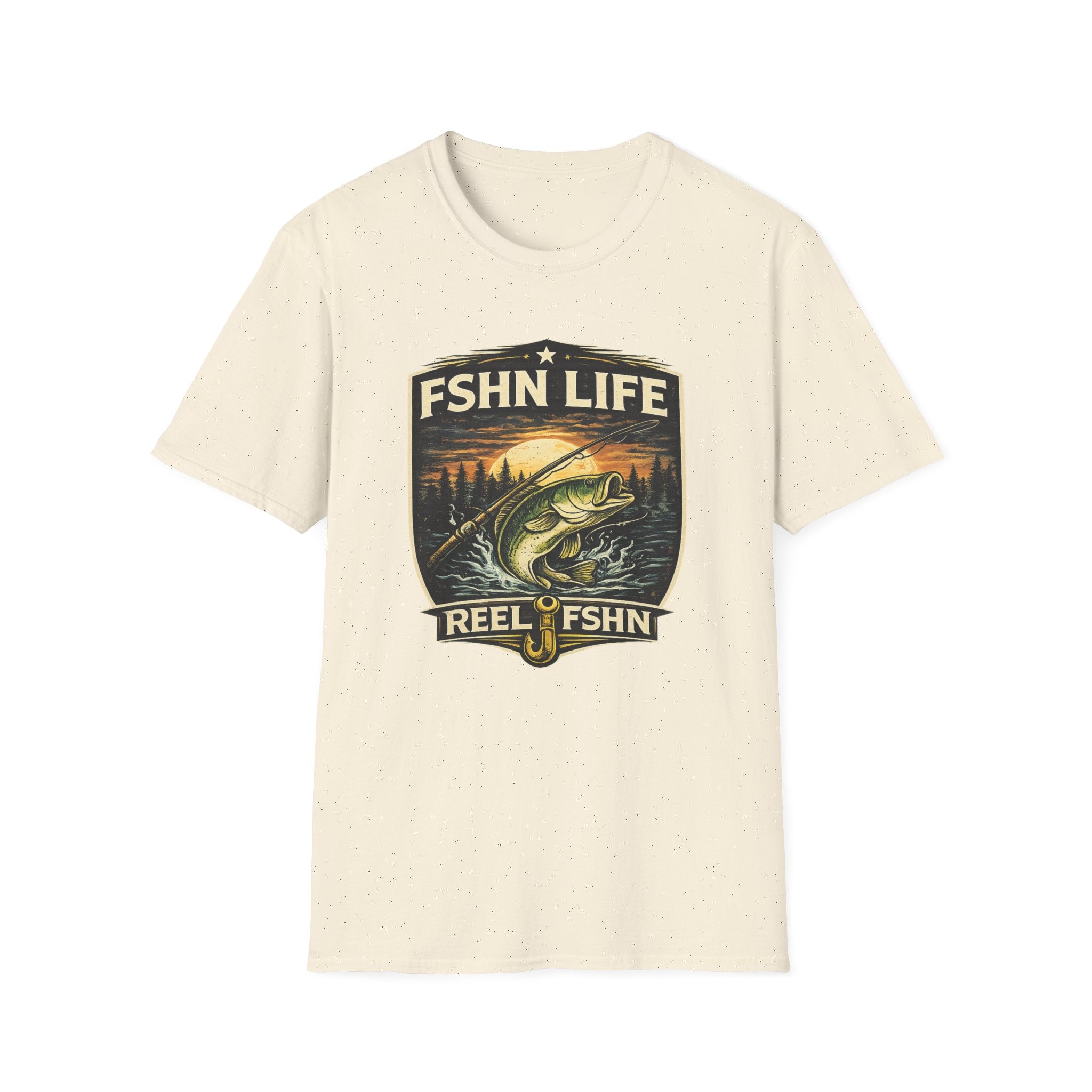 FSHN Life T-shirt in natural, featuring a vintage-style fishing graphic with a bass, sunset, and forest.