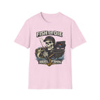 Pink unisex Comfort Colors t-shirt with a "Fish or Die" skull fishing graphic, holding a rod and bass.