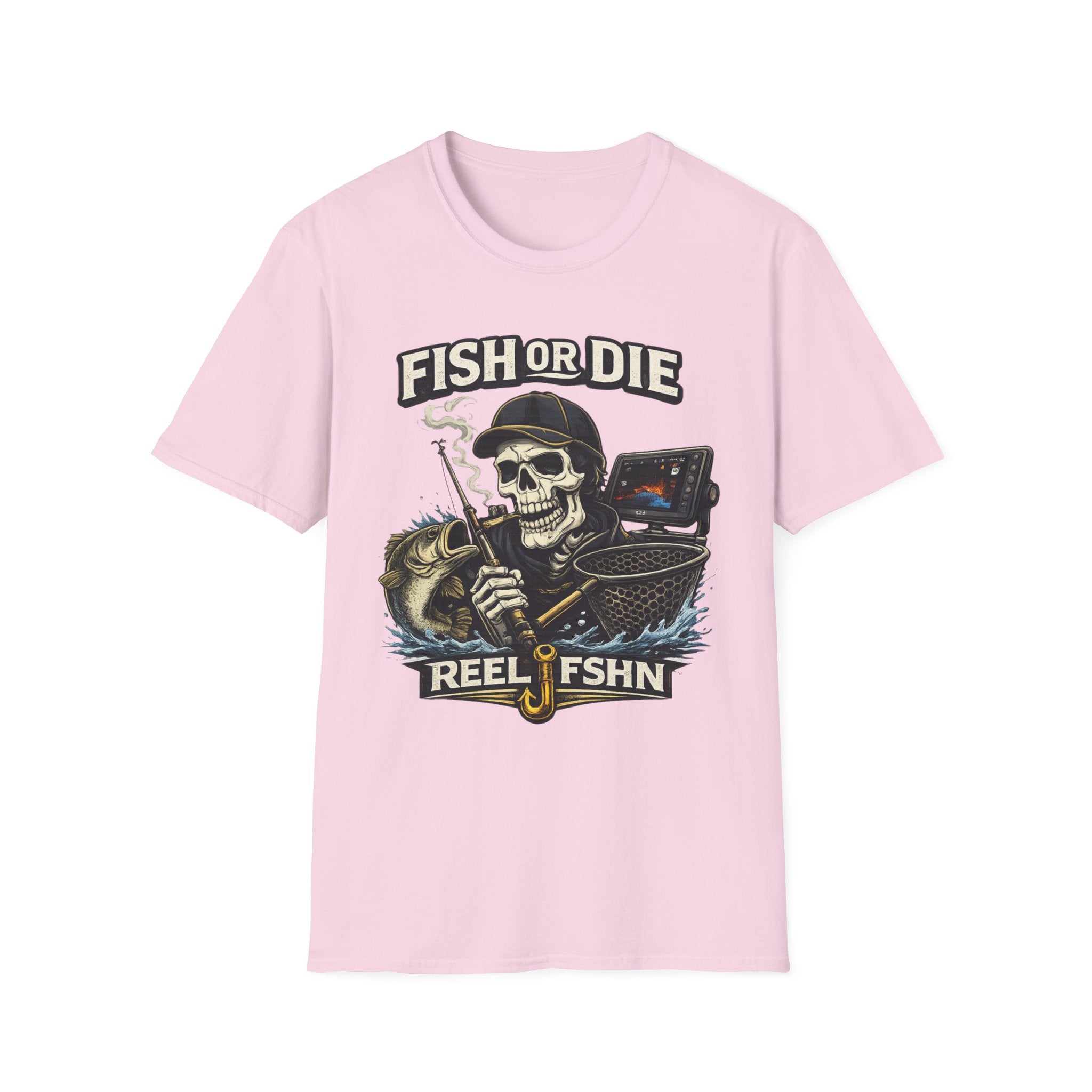 Pink unisex Comfort Colors t-shirt with a "Fish or Die" skull fishing graphic, holding a rod and bass.