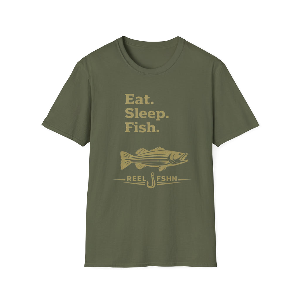 Olive green Comfort Colors unisex t-shirt with "Eat. Sleep. Fish." text, a striped bass, and "REEL FSHN" design.