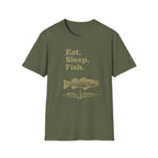 Olive green Comfort Colors unisex t-shirt with "Eat. Sleep. Fish." text, a striped bass, and "REEL FSHN" design.