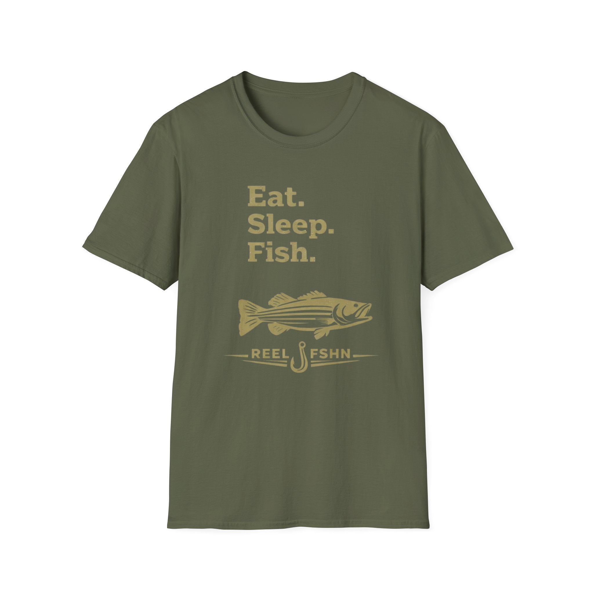Olive green Comfort Colors unisex t-shirt with "Eat. Sleep. Fish." text, a striped bass, and "REEL FSHN" design.