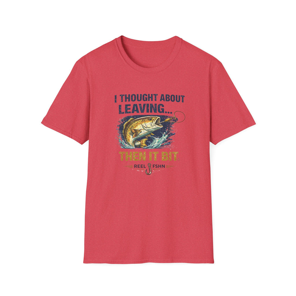 Red Comfort Colors t-shirt with "I Thought About Leaving... Then It Bit" text and a bass fishing graphic.