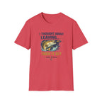 Red Comfort Colors t-shirt with "I Thought About Leaving... Then It Bit" text and a bass fishing graphic.