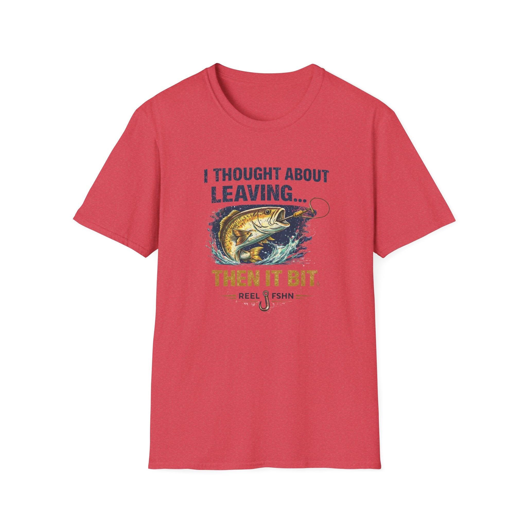 Red Comfort Colors t-shirt with "I Thought About Leaving... Then It Bit" text and a bass fishing graphic.