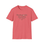 Comfort Colors unisex coral t-shirt with "Hooked On Horizons" text and fishing hook graphic.