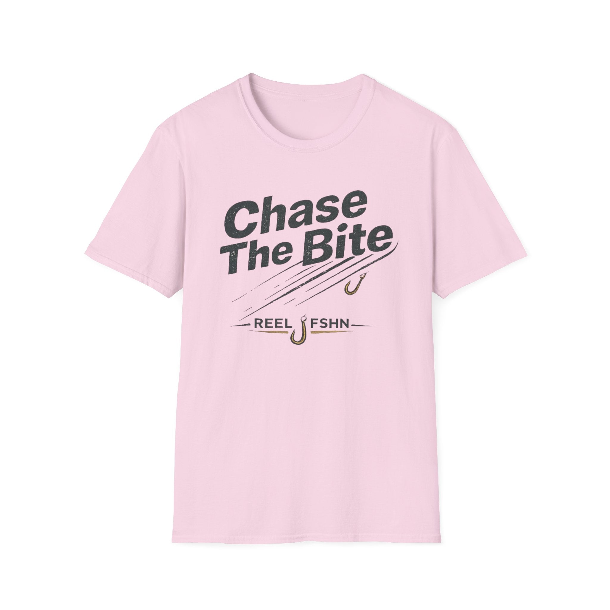 Pink Comfort Colors unisex t-shirt with "Chase The Bite" and "REEL FSHN" fishing hook graphic.