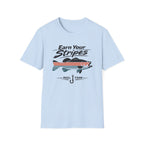 Light blue Comfort Colors unisex t-shirt with "Earn Your Stripes" text and a striped bass graphic.